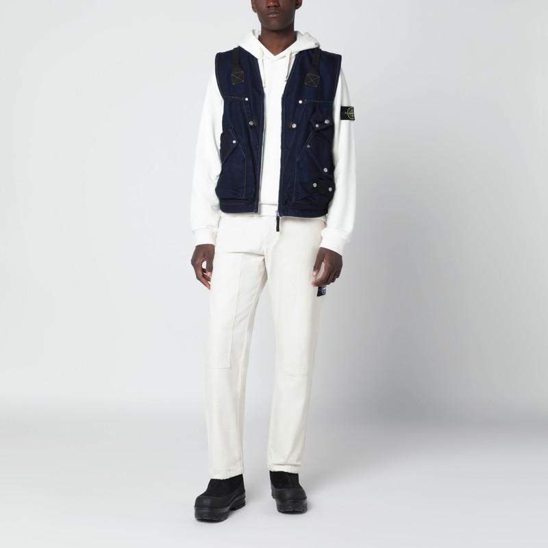 Stone Island Indigo Blue Zip Vest In Cotton Blend In Blue