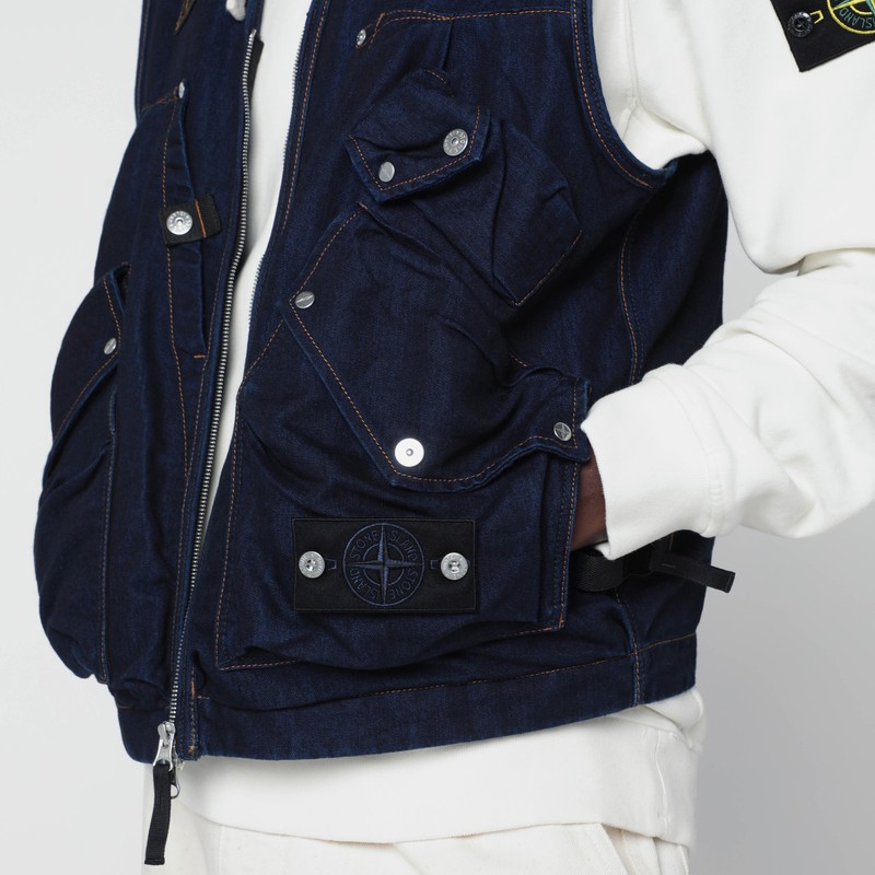 Stone Island Indigo Blue Zip Vest In Cotton Blend In Blue