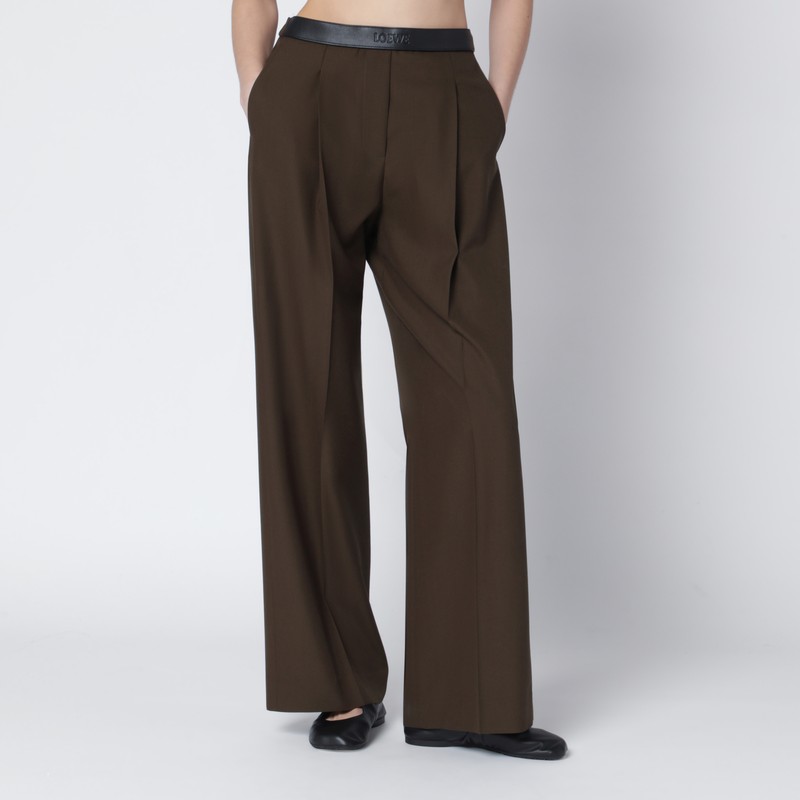 Loewe Leather-trimmed Pleated Wool Flared Pants In Brown