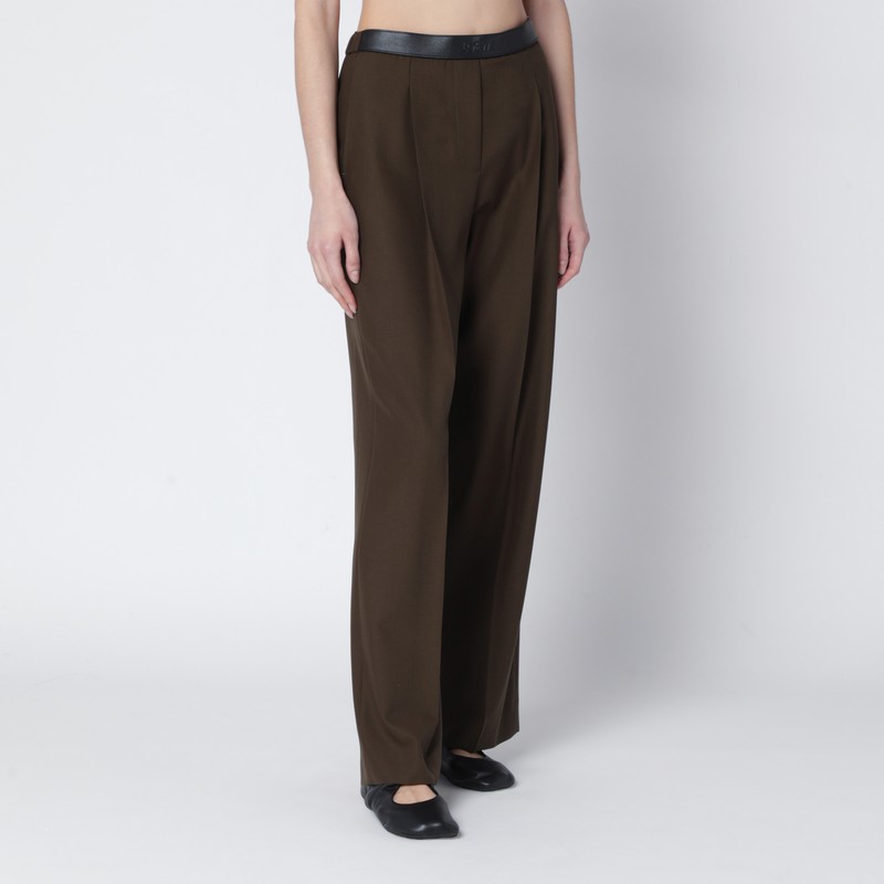 Loewe Leather-trimmed Pleated Wool Flared Pants In Green