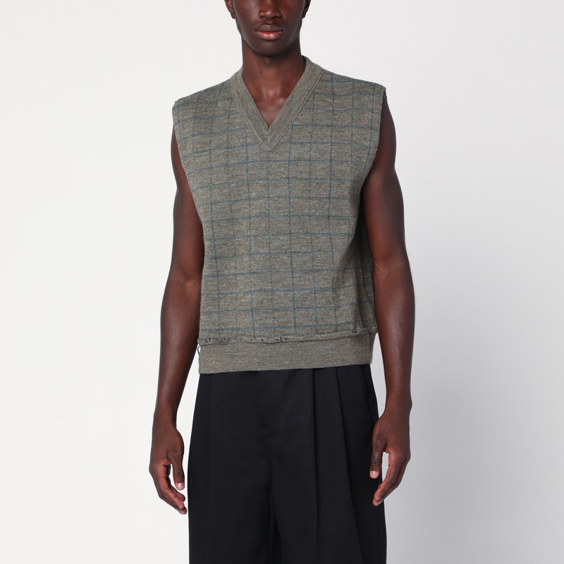 Military green checked wool gilet