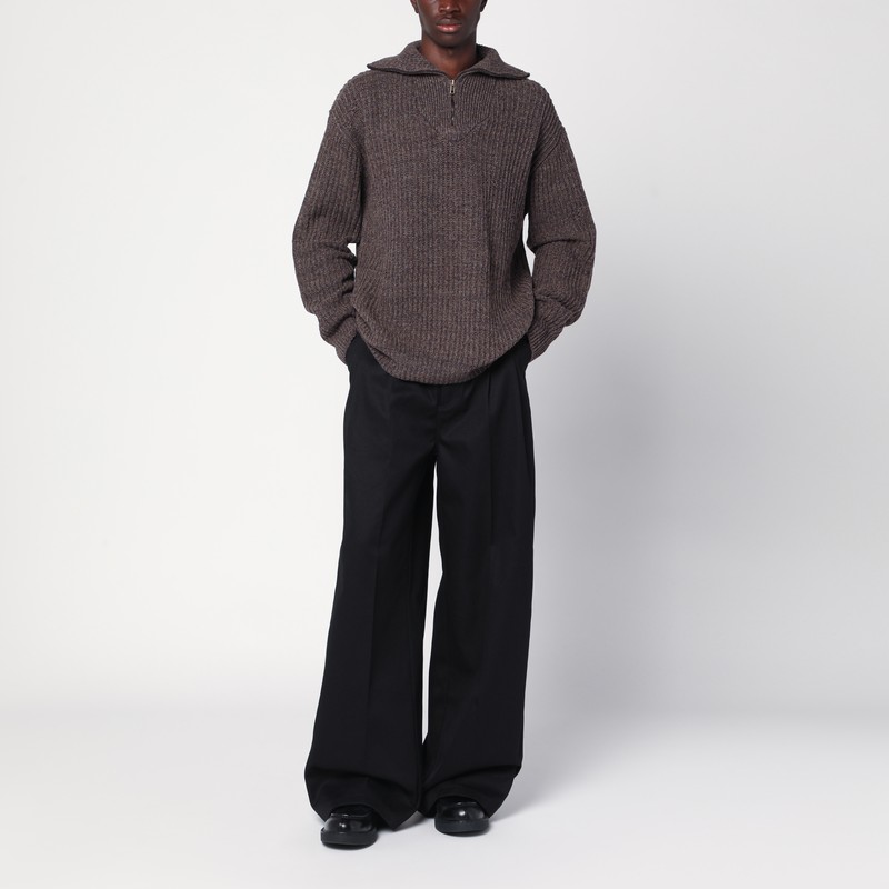 Maison Margiela Zip Neck Wool Knit Long Sleeve Sweater In Brown