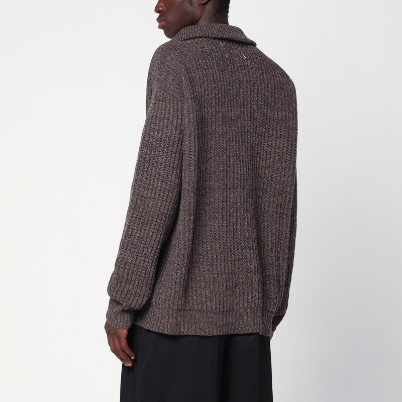 Maison Margiela Zip Neck Wool Knit Long Sleeve Sweater In Brown