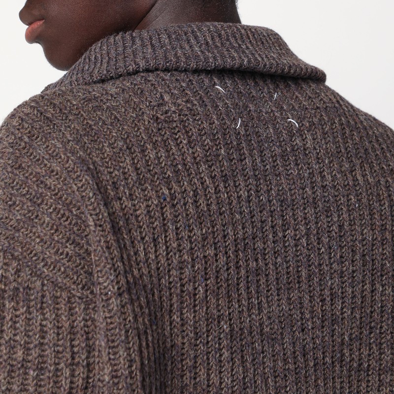 Maison Margiela Zip Neck Wool Knit Long Sleeve Sweater In Brown