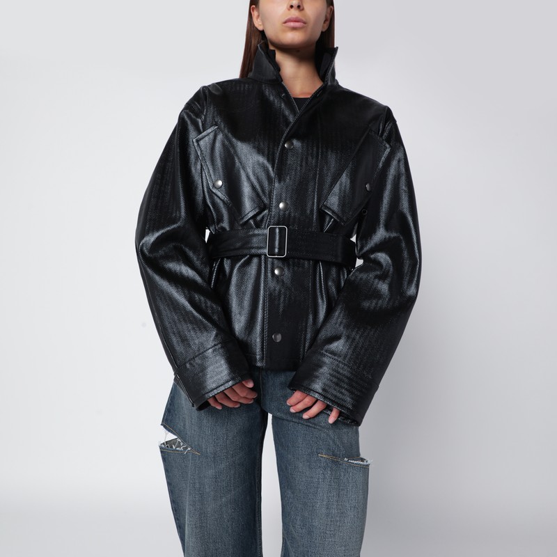 Black cotton laminated belted jacket