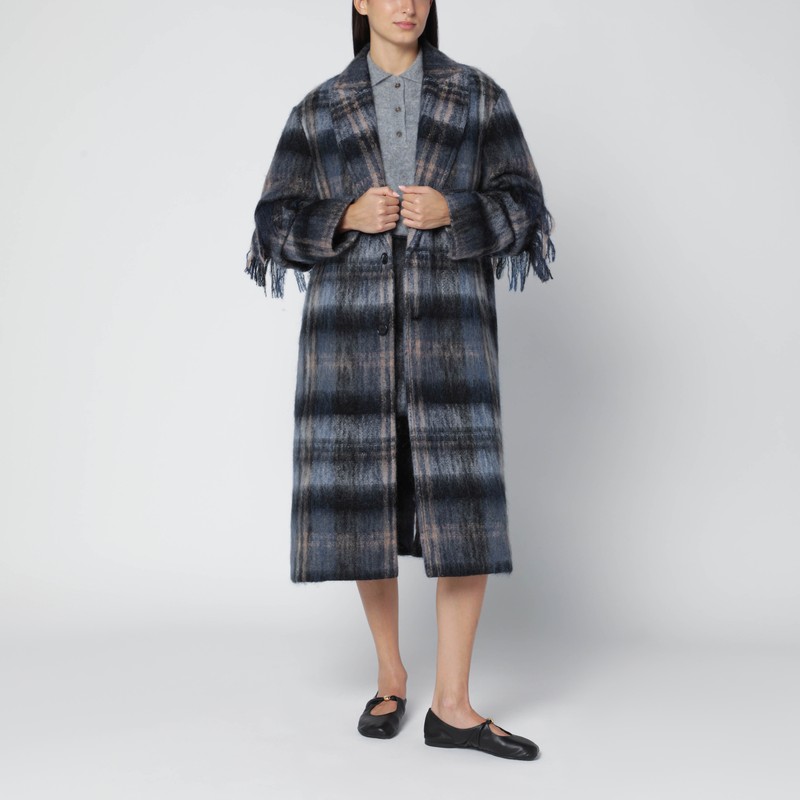 Blue checked coat in mohair and wool blend