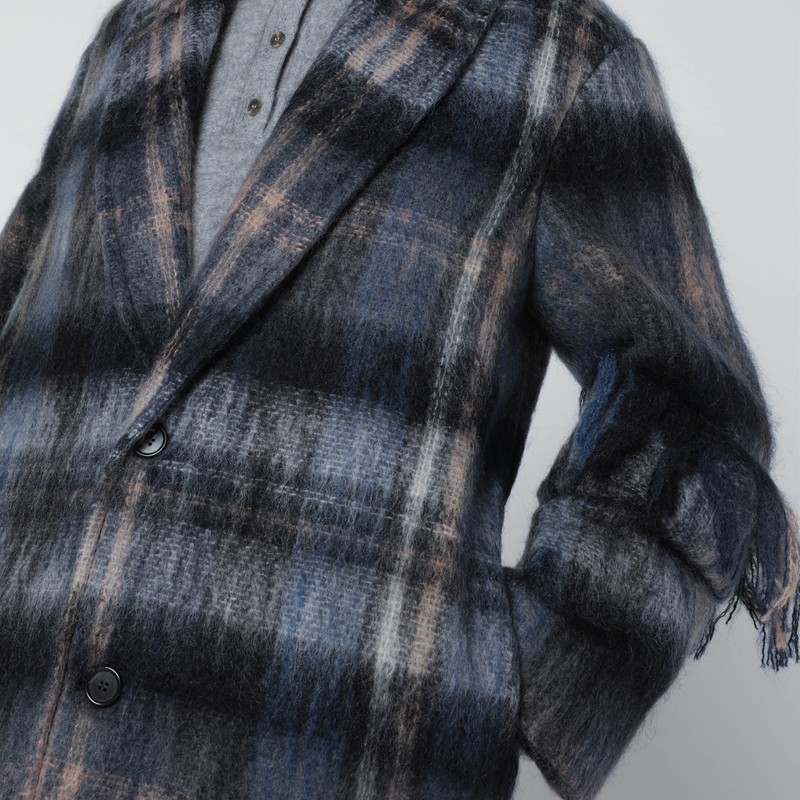 Loewe Blue Checked Coat In Mohair And Wool Blend In Blue
