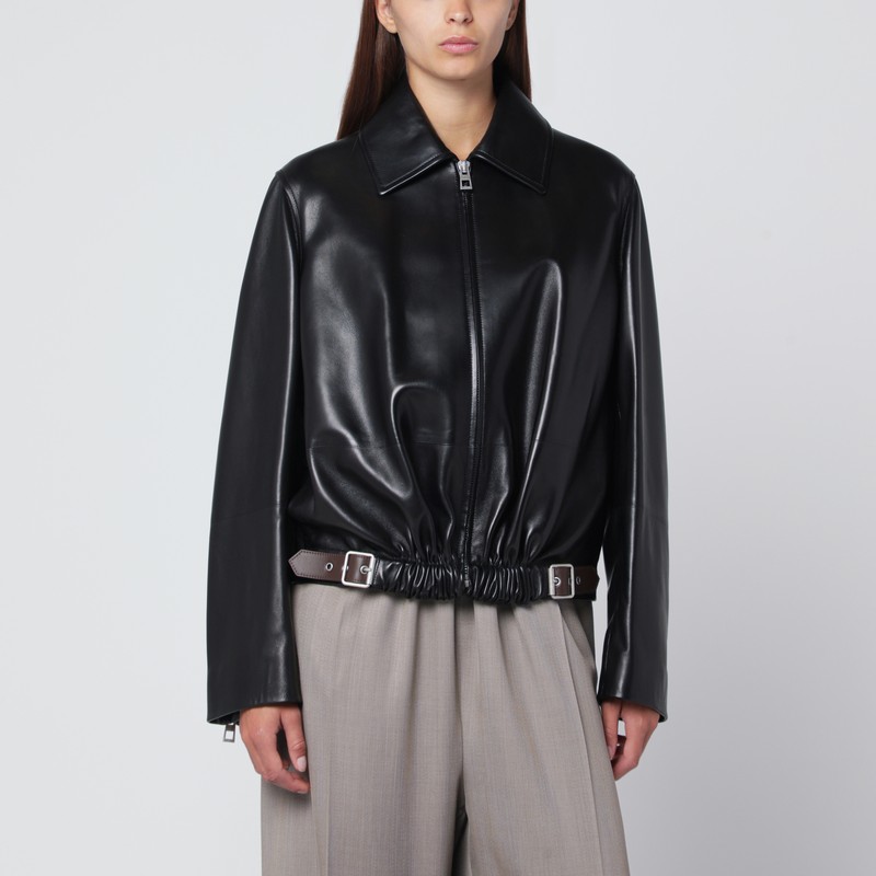 Black ruched leather jacket with belt