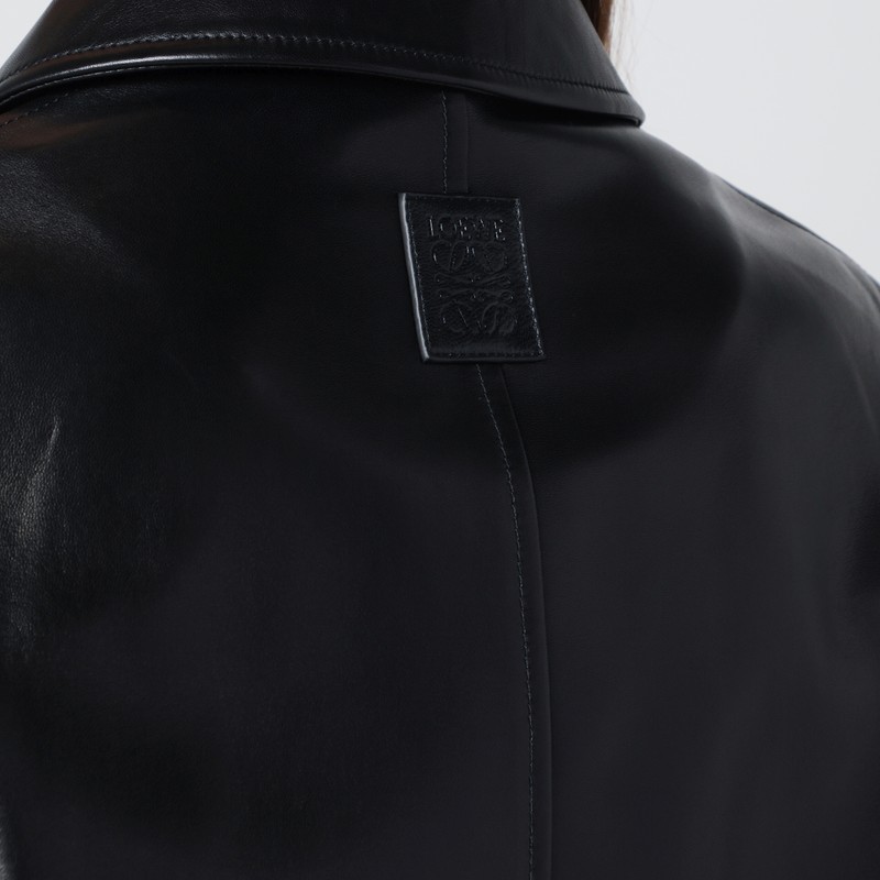 Loewe Black Ruched Leather Jacket With Belt In Burgundy