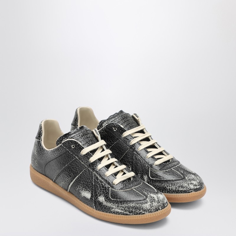 Maison Margiela Black Cracked Leather Replica Sneakers In Silver