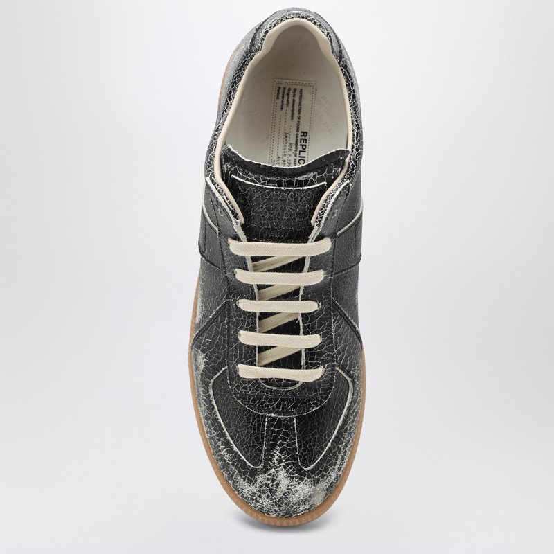 Maison Margiela Black Cracked Leather Replica Sneakers In Silver