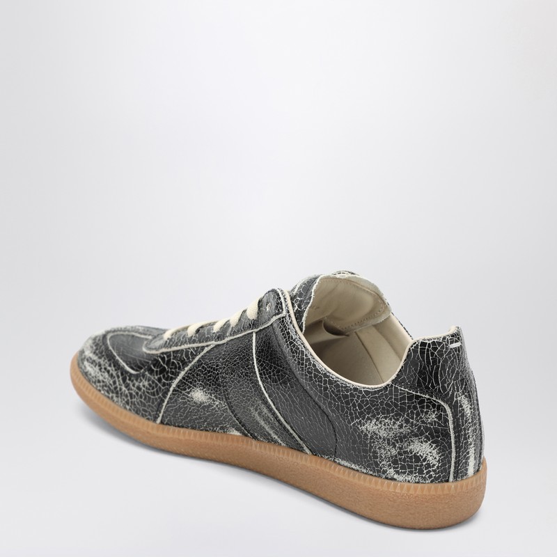 Maison Margiela Black Cracked Leather Replica Sneakers In Silver