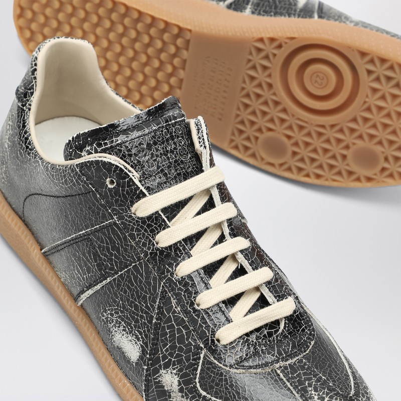 Maison Margiela Black Cracked Leather Replica Sneakers In Silver