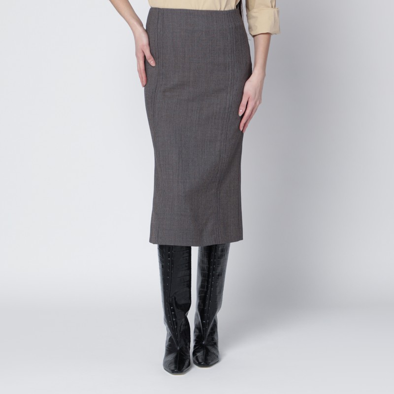 Brown and beige patterned wool midi skirt
