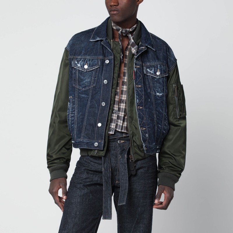 Blue denim and military green nylon bomber jacket