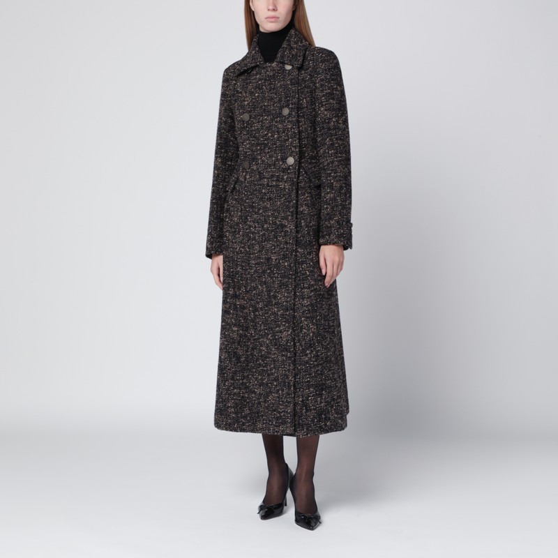 Black redingote coat in boucle fabric