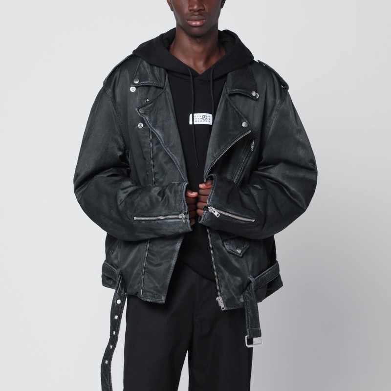Black washed-effect biker jacket