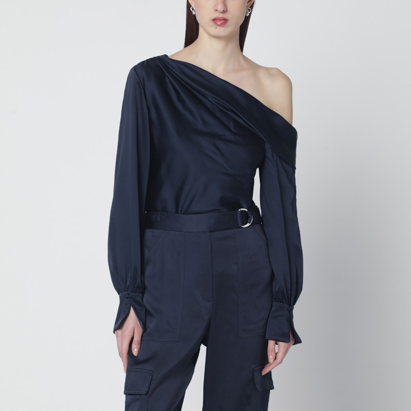 Simkhai Alice Blouse In Midnight Blue Shiny Satin