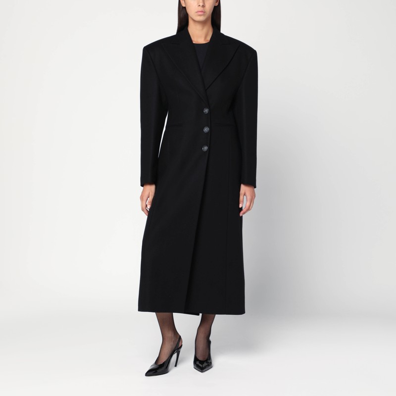 Black long single-breasted coat in wool