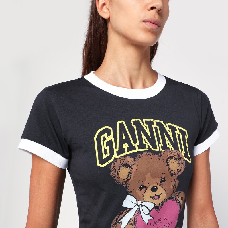 Ganni Graphic Print Crew Neck Short Sleeve Top In Black