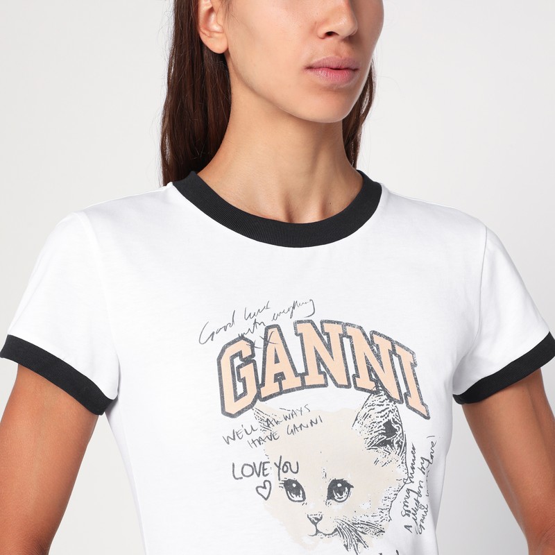 Ganni White Cropped Kitty T-shirt In White