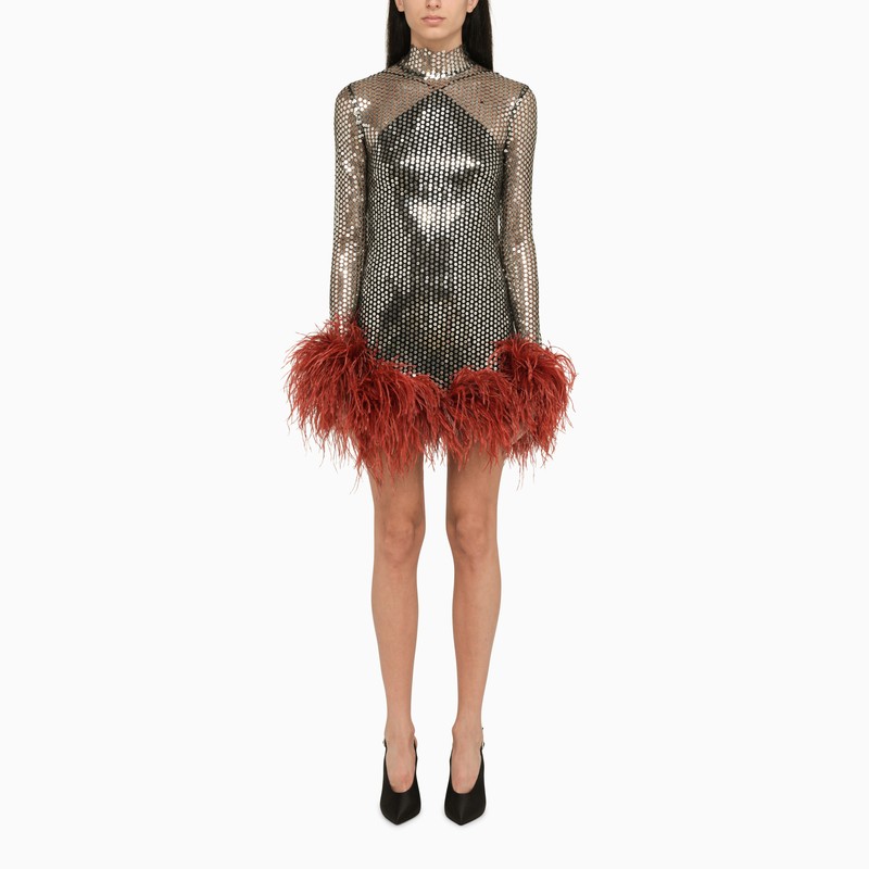 Silver/red dress with feathers