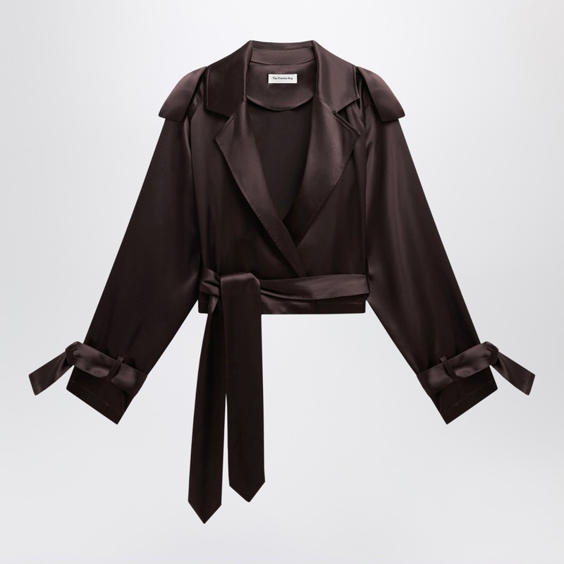 Short Simona trench coat in dark brown satin