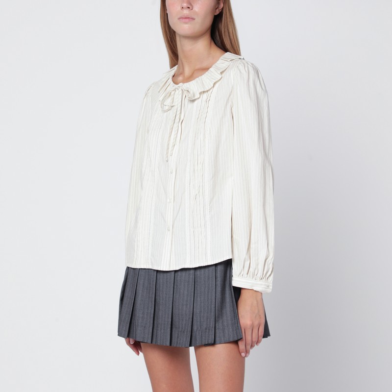 Dunst Light Beige Striped Shirt With Ruffles In White
