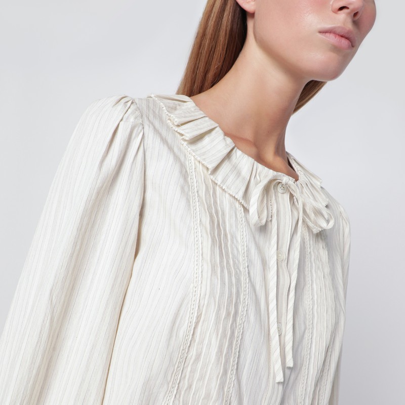 Dunst Light Beige Striped Shirt With Ruffles In White