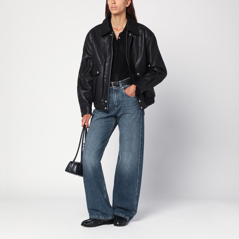 Dunst Black Leather Bomber Jacket In Black