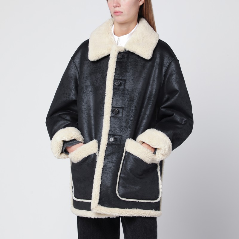 Black faux-leather shearling-effect coat