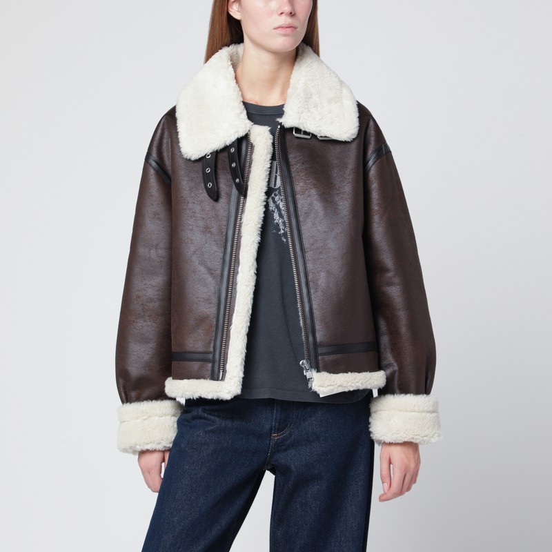 Brown faux-leather shearling-effect coat