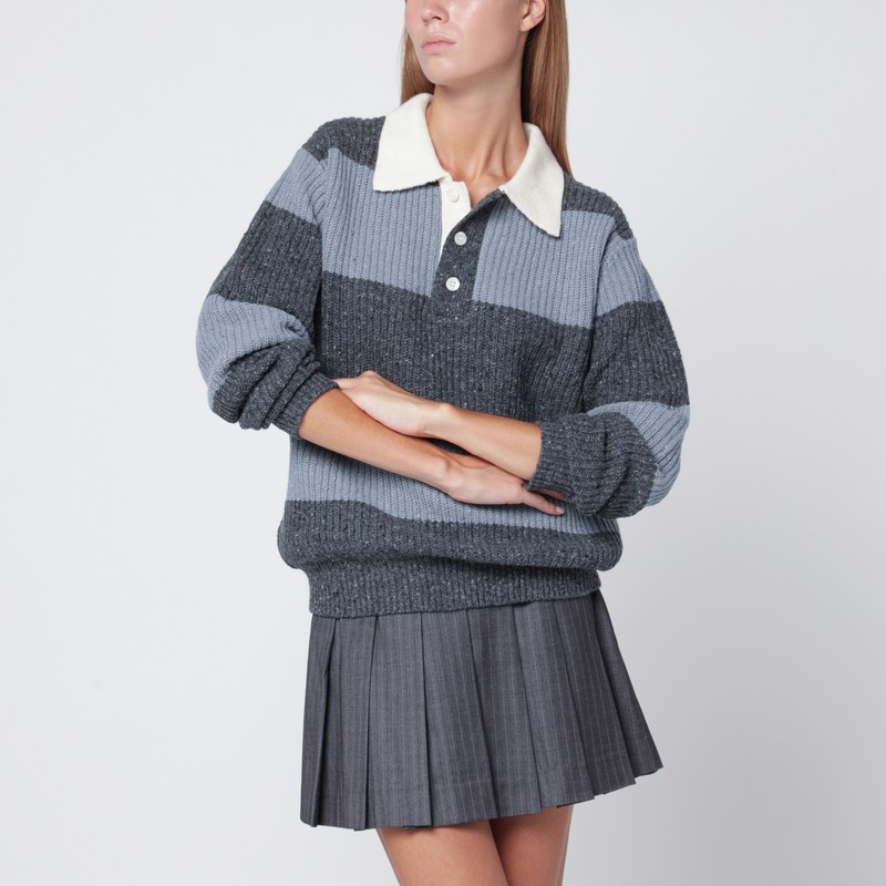 Light blue/grey striped wool blend polo shirt