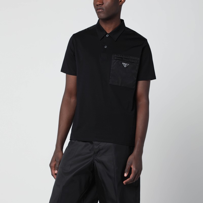 Black cotton stretch and Re-Nylon polo shirt