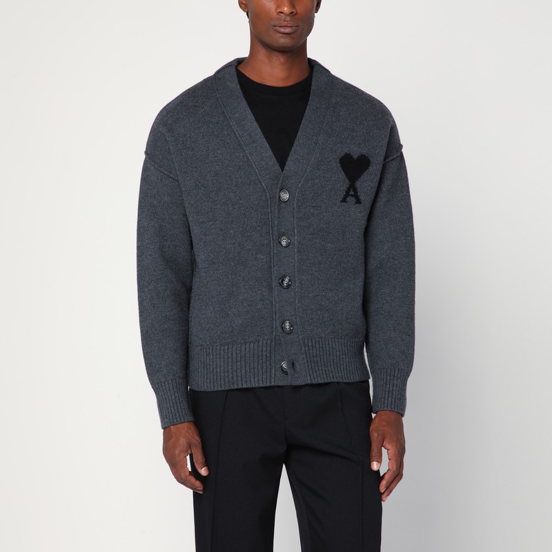 Ami Alexandre Mattiussi Ami Paris Ami De Coeur Heather Grey Wool Cardigan Men In Gray