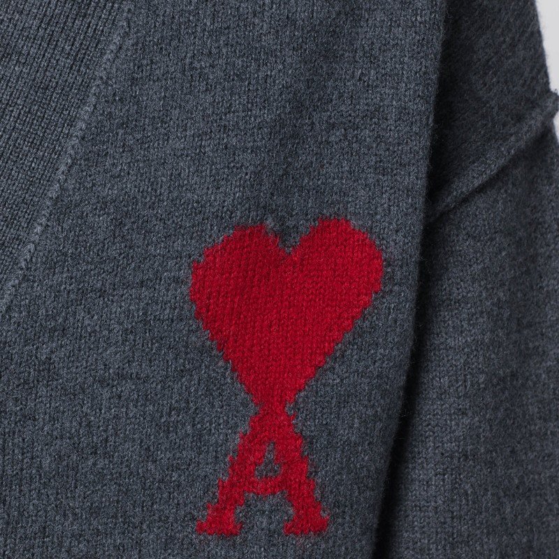 Ami Alexandre Mattiussi Ami De Coeur Heather Grey Wool Cardigan In Gray