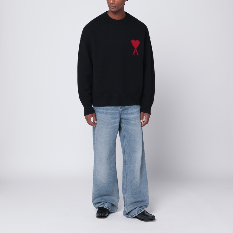 Ami Alexandre Mattiussi Ami Paris Wool Sweater With Heart Intarsia Design In Black