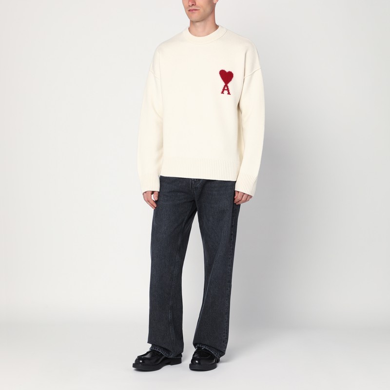 Ami Alexandre Mattiussi Heart Friend Wool Sweater With Exposed Stitching In White