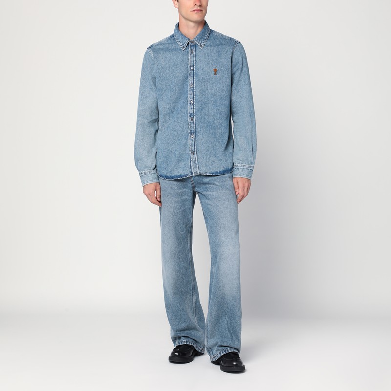 Ami Alexandre Mattiussi Classic Blue Denim Shirt With Structured Collar And Button-down Front In Blue
