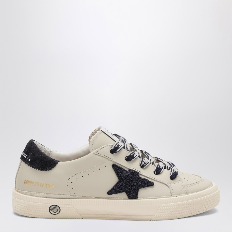 Beige/blue leather sneakers