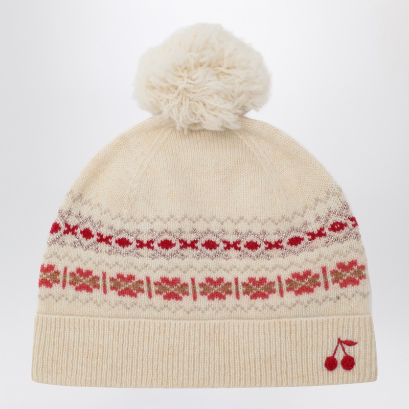 Beige wool beanie with pompom