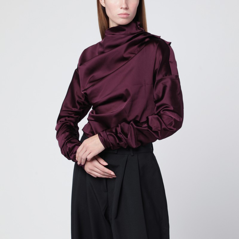 Ganni Satin Blouse With Draped Detail And High Neck In Burgundy