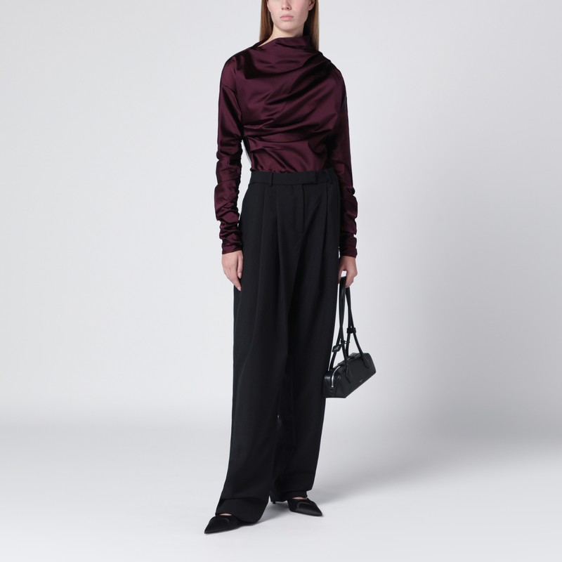 Ganni Satin Blouse With Draped Detail And High Neck In Burgundy