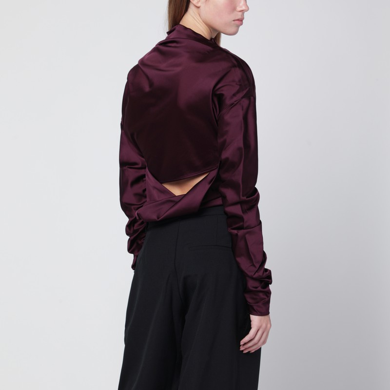 Ganni Satin Blouse With Draped Detail And High Neck In Burgundy
