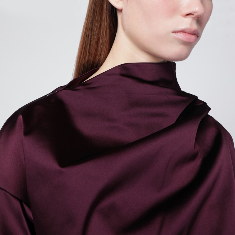 Ganni Satin Blouse With Draped Detail And High Neck In Burgundy