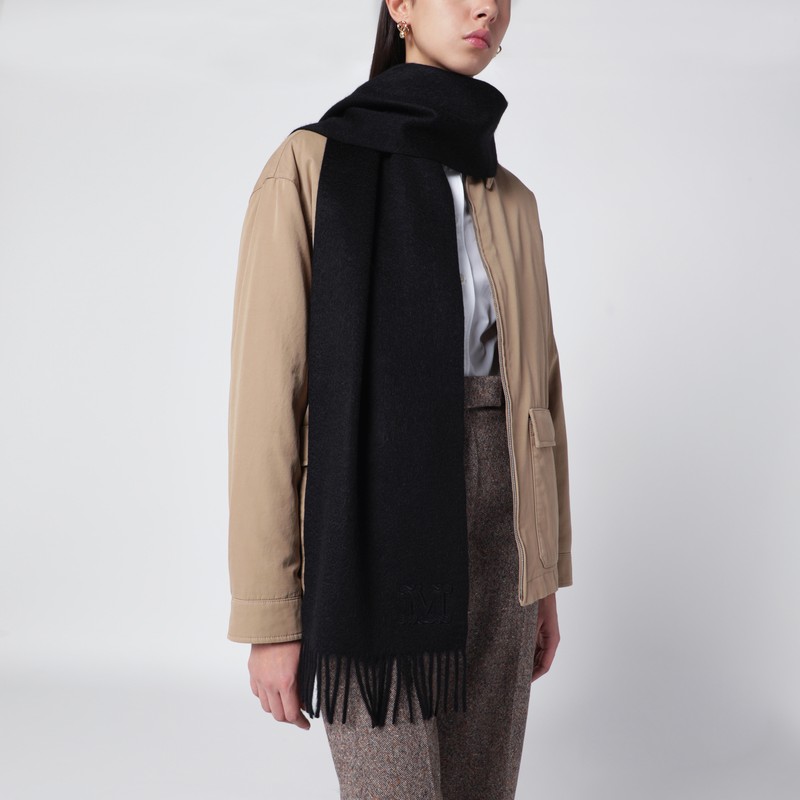Max Mara Black Camel Scarf With Monogram Embroidery In Black