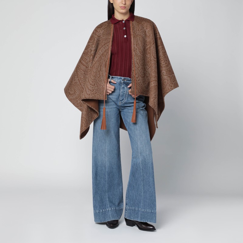 Etro Leather-trimmed Paisley-print Wool-blend Poncho In Brown