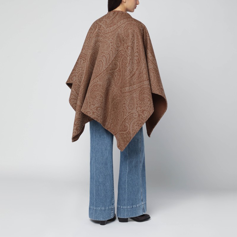 Etro Leather-trimmed Paisley-print Wool-blend Poncho In Brown