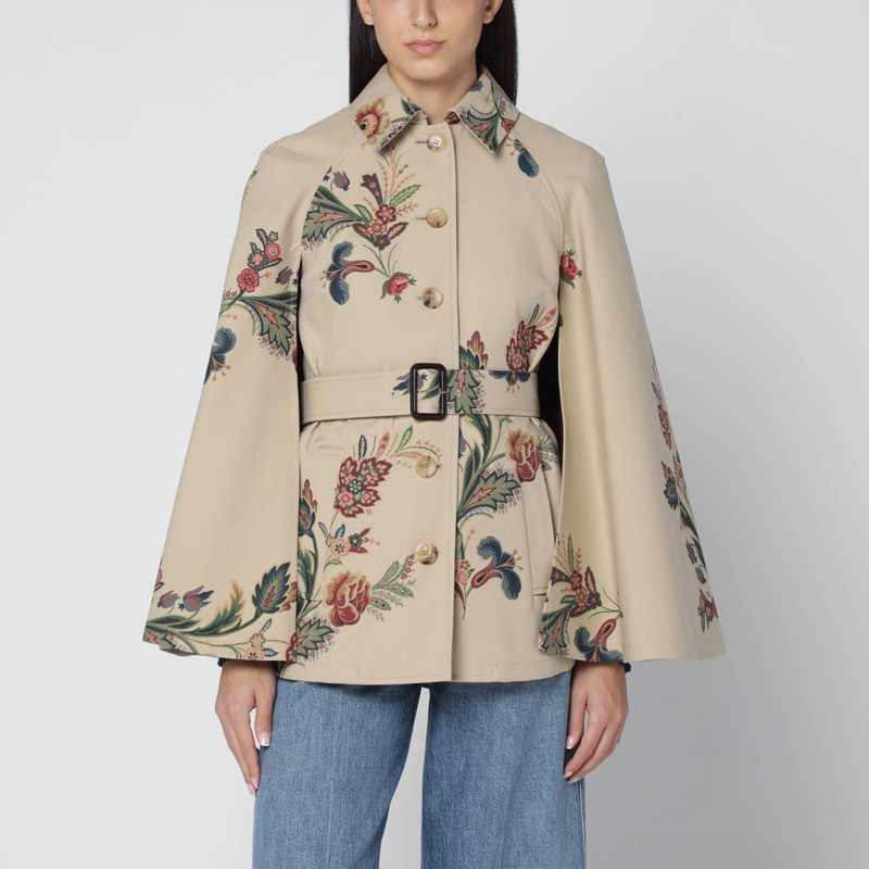 Beige trench-cape with floral print