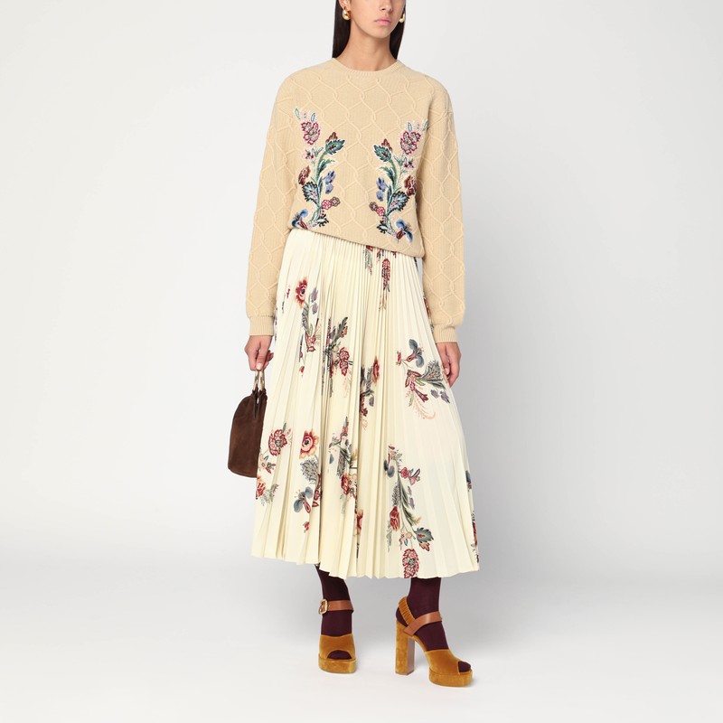 Etro Pleated Midi Skirt With Floral Print In Neutral
